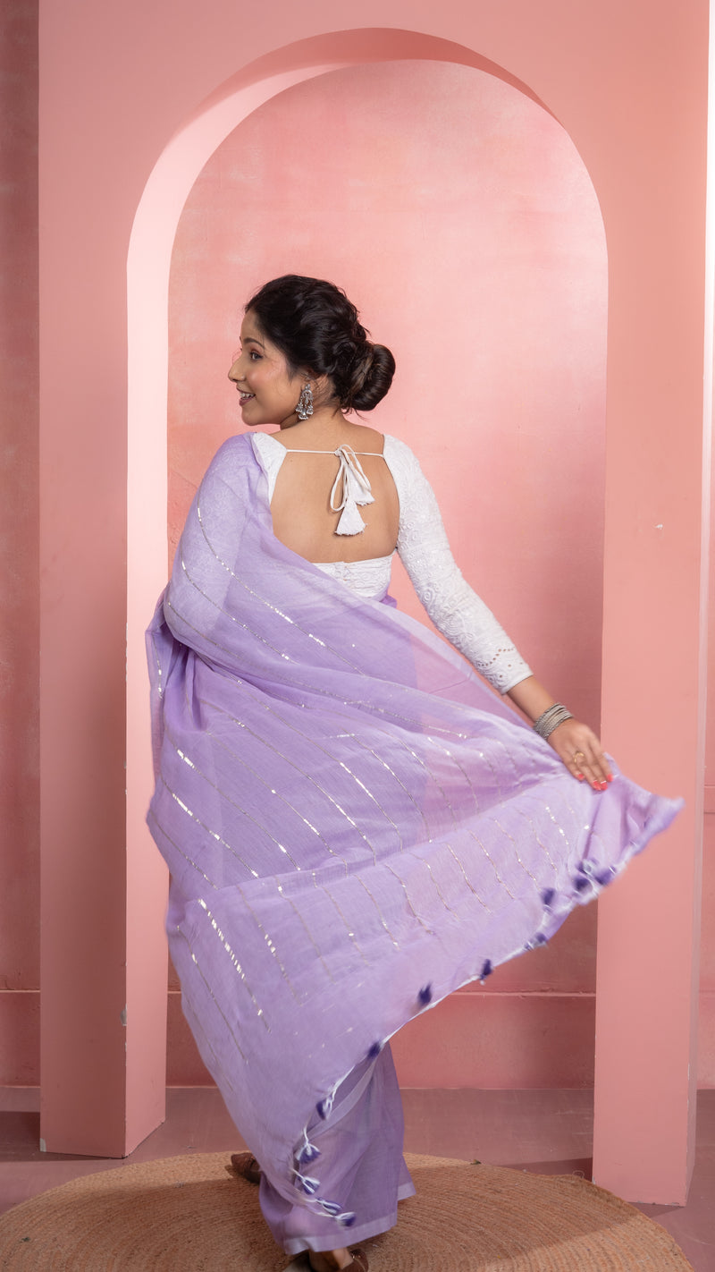 Lavender Mul Cotton Saree with Sequenced Stripes