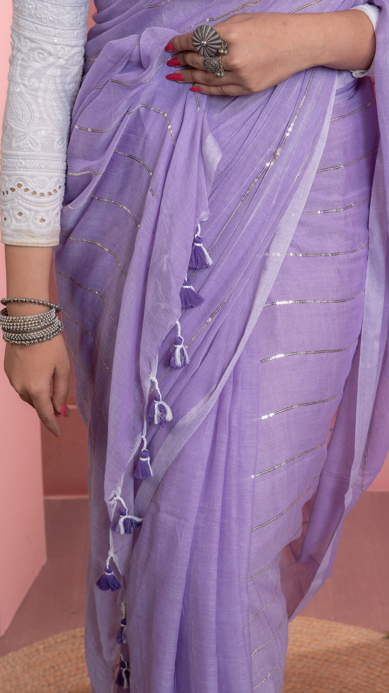 Lavender Mul Cotton Saree with Sequenced Stripes