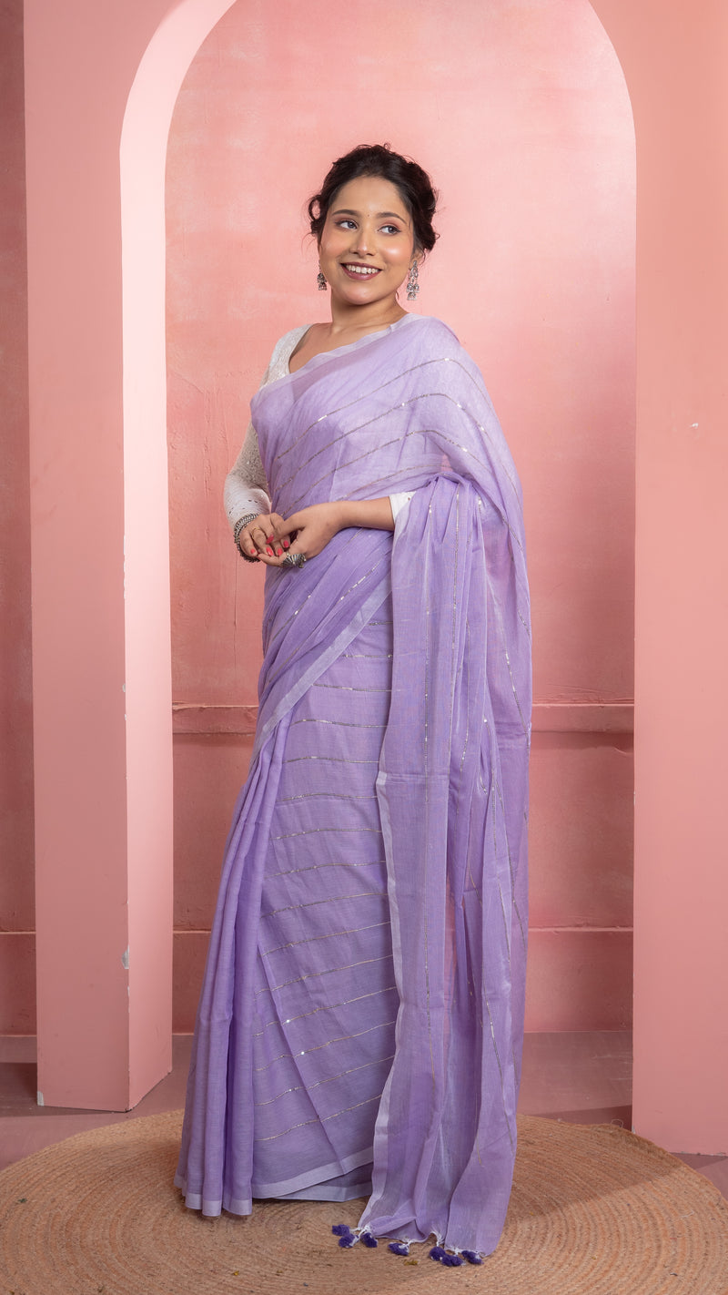Lavender Mul Cotton Saree with Sequenced Stripes