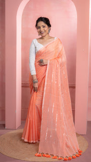 Peach Orange Mul Cotton Saree with Sequenced Stripes