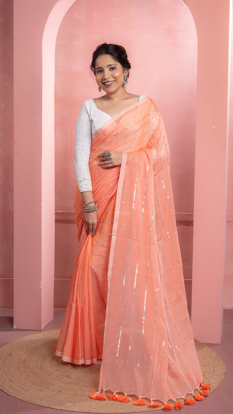 Peach Orange Mul Cotton Saree with Sequenced Stripes