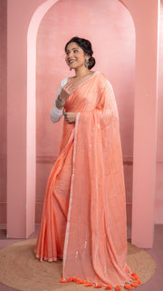 Peach Orange Mul Cotton Saree with Sequenced Stripes
