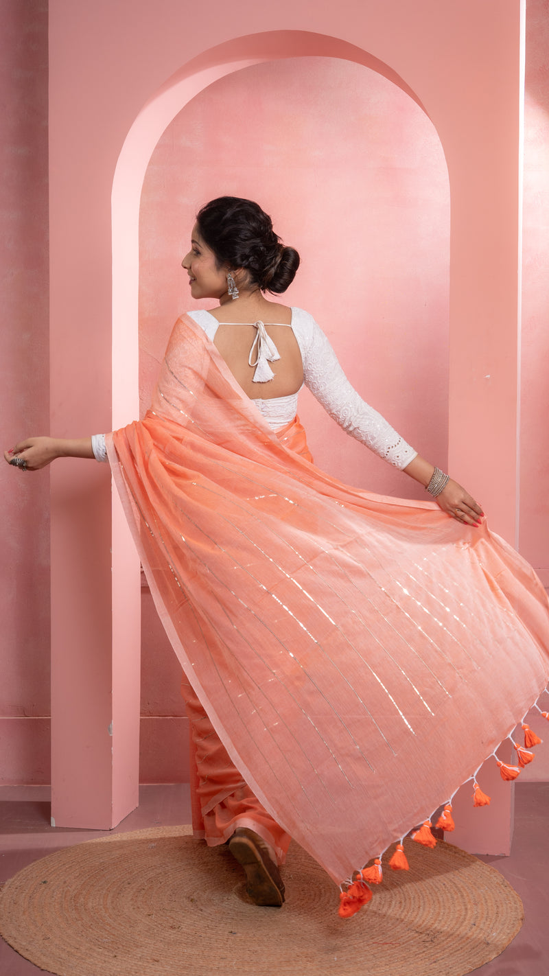 Peach Orange Mul Cotton Saree with Sequenced Stripes