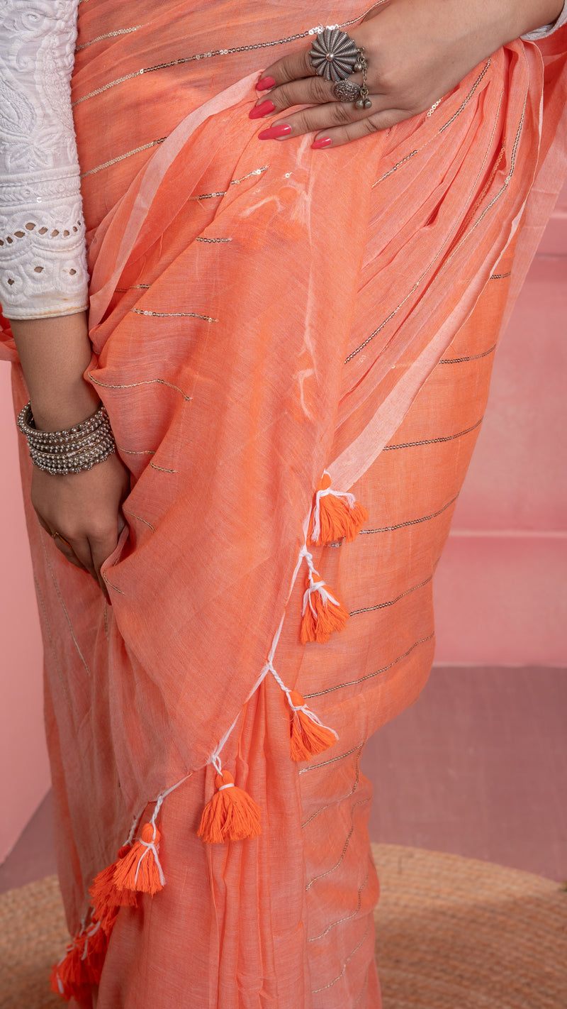 Peach Orange Mul Cotton Saree with Sequenced Stripes