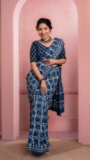 Indigo Bagru Print Mul Cotton Saree