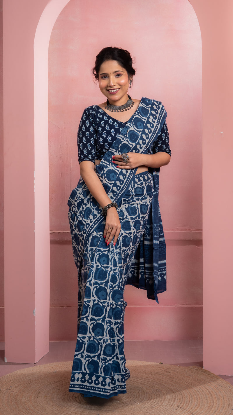 Indigo Bagru Print Mul Cotton Saree