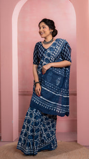 Indigo Bagru Print Mul Cotton Saree