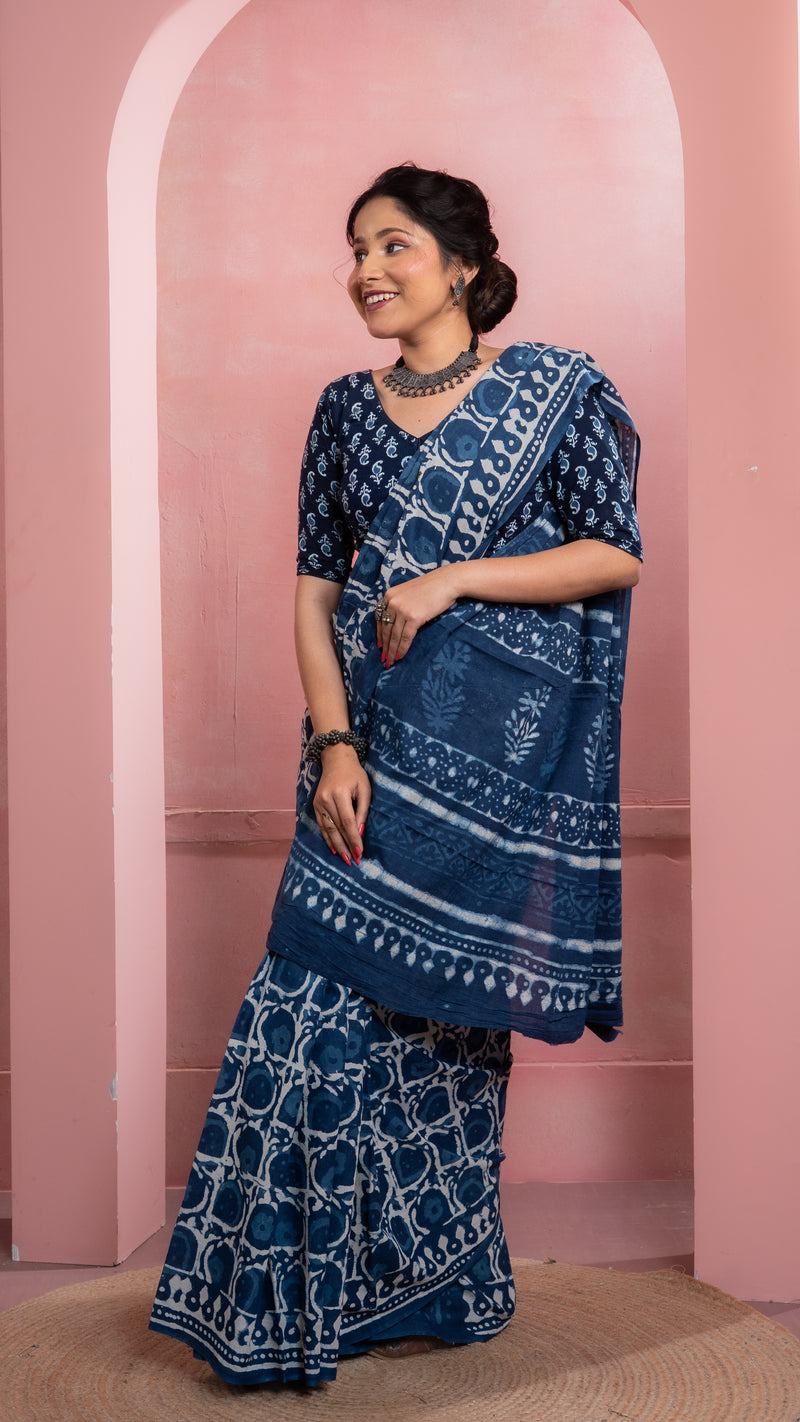 Indigo Bagru Print Mul Cotton Saree