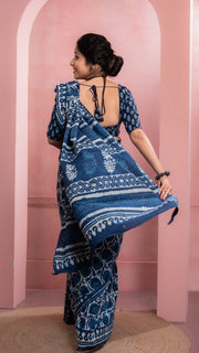 Indigo Bagru Print Mul Cotton Saree