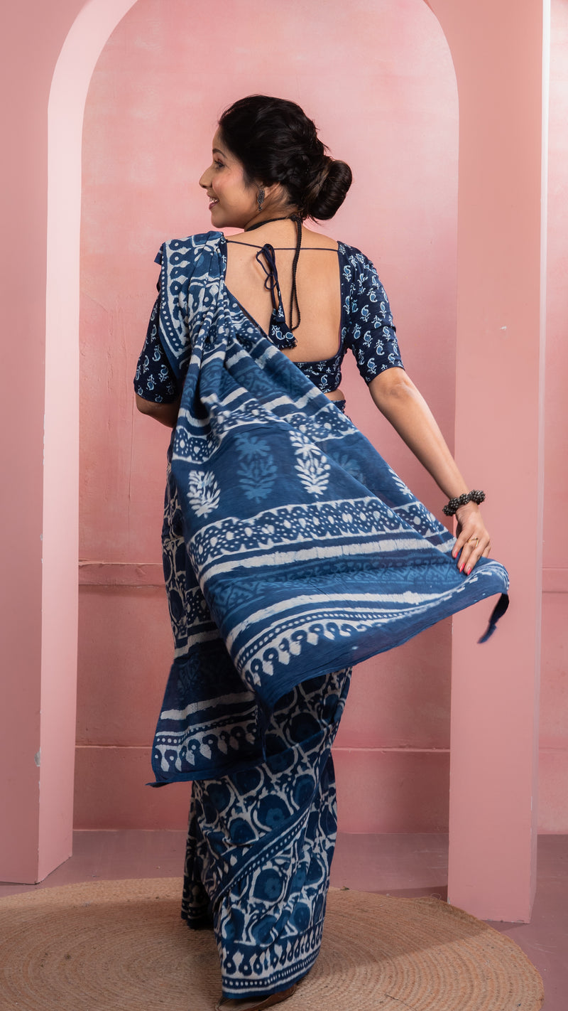 Indigo Bagru Print Mul Cotton Saree
