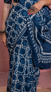 Indigo Bagru Print Mul Cotton Saree