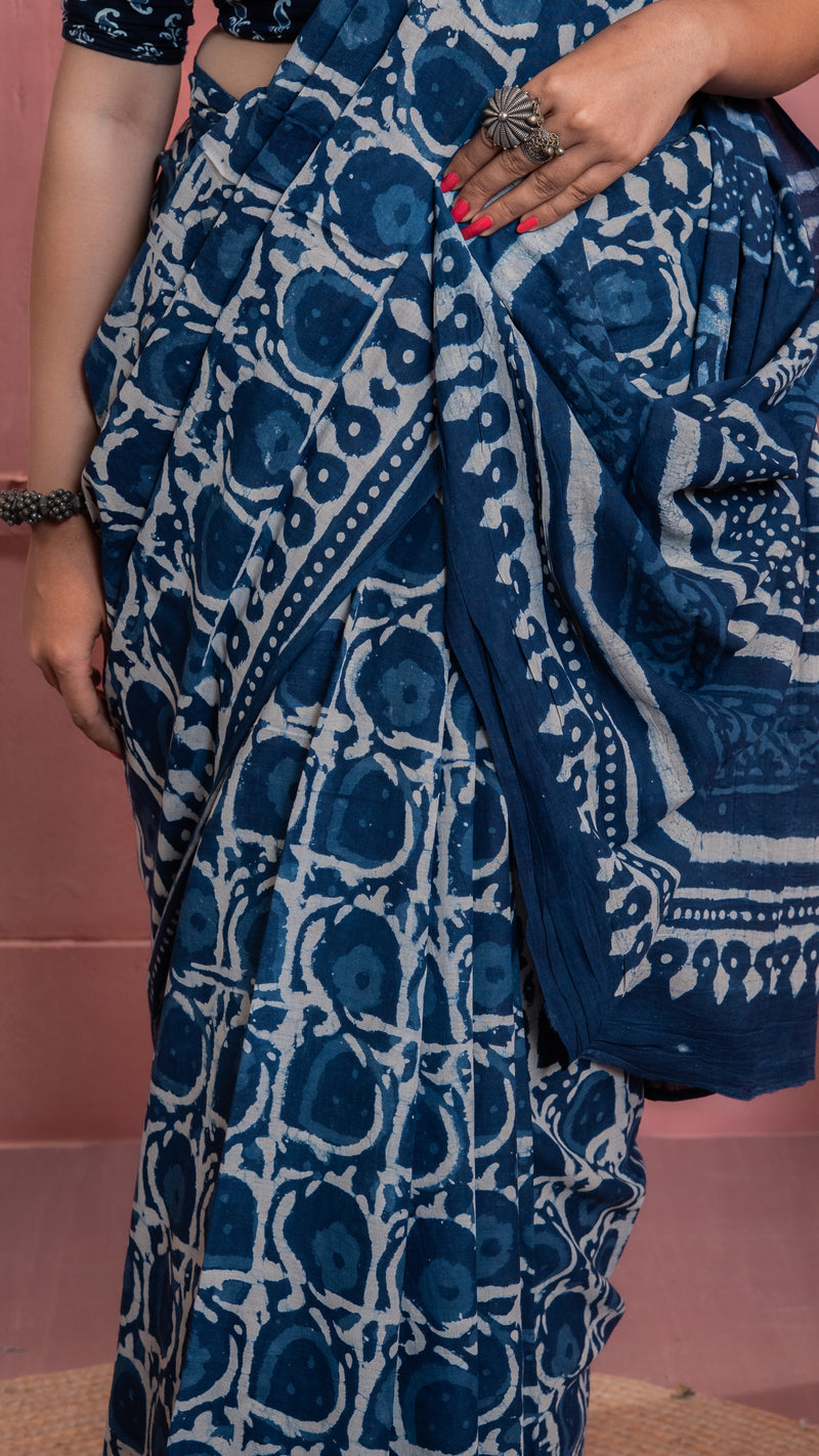 Indigo Bagru Print Mul Cotton Saree
