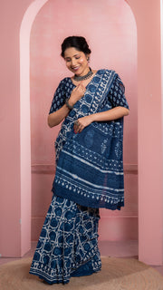 Indigo Bagru Print Mul Cotton Saree
