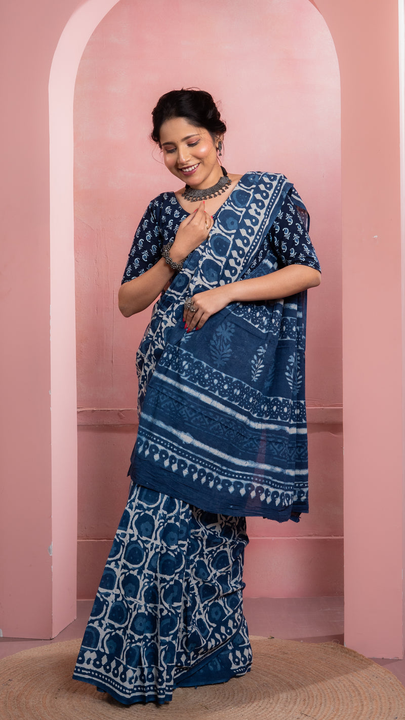 Indigo Bagru Print Mul Cotton Saree